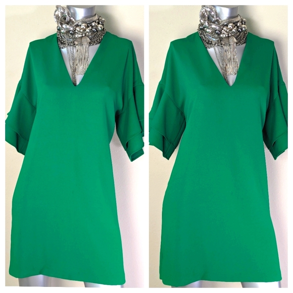 ZARA Woman Flutter Sleeves Relaxed Babydoll V-Cut Neckline Shift Dress - Picture 9 of 14